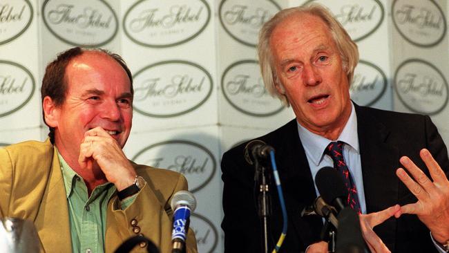 Music producer Sir George Martin and singer Glenn Shorrock at the 1998 press conference in Sydney.