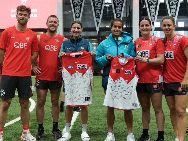 Sydney Swans AFL stars Dane Rampe and Luke Parker, Matildas Steph Catley and Mary Fowler and AFLW players Lucy McEvoy and Chloe Molloy. Two days out from their do or die clash against England, the Tillies visited the Swans' swish training facilities at Moore Park on Monday.