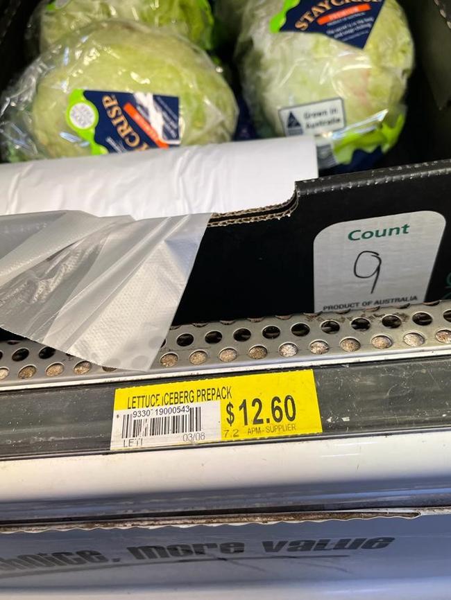 The cost for a head of iceberg lettuce at $12.60. Picture: Supplied.