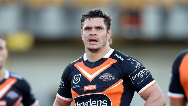 SYDNEY, AUSTRALIA - JULY 04: James Roberts of the Tigers watches the big screen during the round 16 NRL match between the Wests Tigers and the South Sydney Rabbitohs at Leichhardt Oval on July 04, 2021, in Sydney, Australia. (Photo by Mark Kolbe/Getty Images)