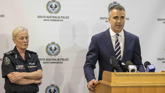 Deputy Commissioner Linda Williams with Premier Peter Malinauskas speak with the media after the alleged hit-run involving Police Commissioner Grant Stevens’ son Charlie. Picture: NCA NewsWire / Kelly Barnes