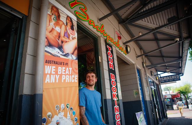 UK backpacker Jordan Lambe outside Chilli's Backpackers on Mitchell Street. Picture: GLENN CAMPBELL