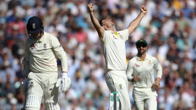 Mitchell Marsh bowls Jack Leach to end England’s first innings. Picture: Getty Images