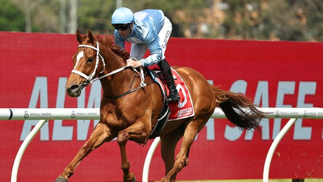 Tommy Berry brought First Light with a strong run from last to win Colin Stephen Quality at Rosehill. Picture: Getty Images