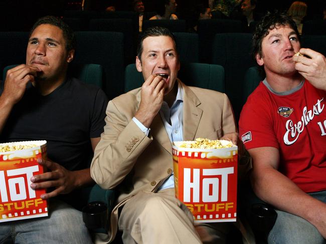 Yileen 'Buddy' Gordon (L) with then former Souths part-owner Peter Holmes a Court (C), and former player Mark Carroll at an advance screening of a Russell Crowe's film.