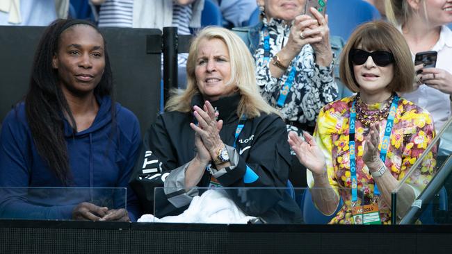 Anna Wintour (right) and Venus Williams (left) watching Serena Williams take on Simona Halep. Picture: AAP