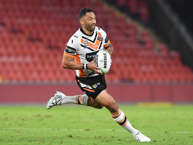 Benji Marshall almost sealed the game for the Tigers with a late field goal. Picture: AAP Image/Dan Peled