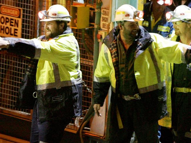 Todd Russell and Brant Webb were trapped for two weeks in a gold mine in Beaconsfield, Tasmania. Picture: Getty Images