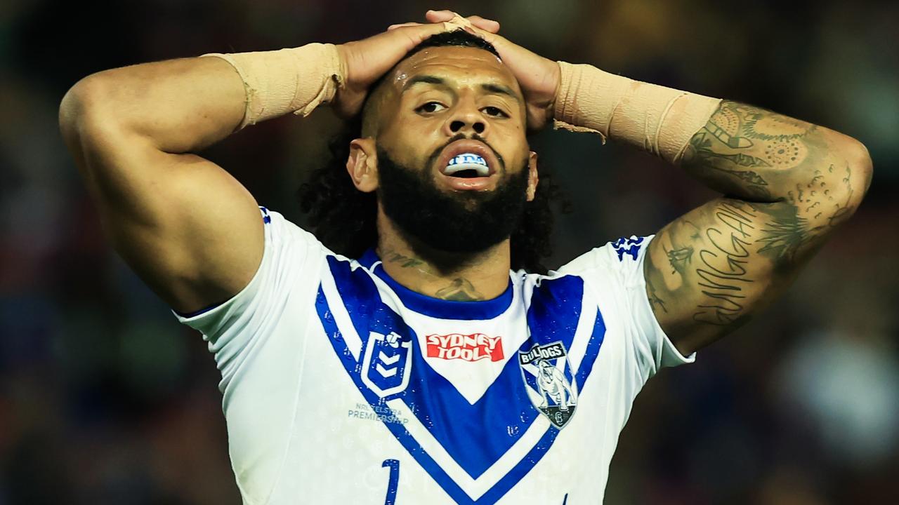 NEWCASTLE, AUSTRALIA - AUGUST 13: A dejected Josh Addo-Carr of the Bulldogs during the round 24 NRL match between Newcastle Knights and Canterbury Bulldogs at McDonald Jones Stadium on August 13, 2023 in Newcastle, Australia. (Photo by Jenny Evans/Getty Images)