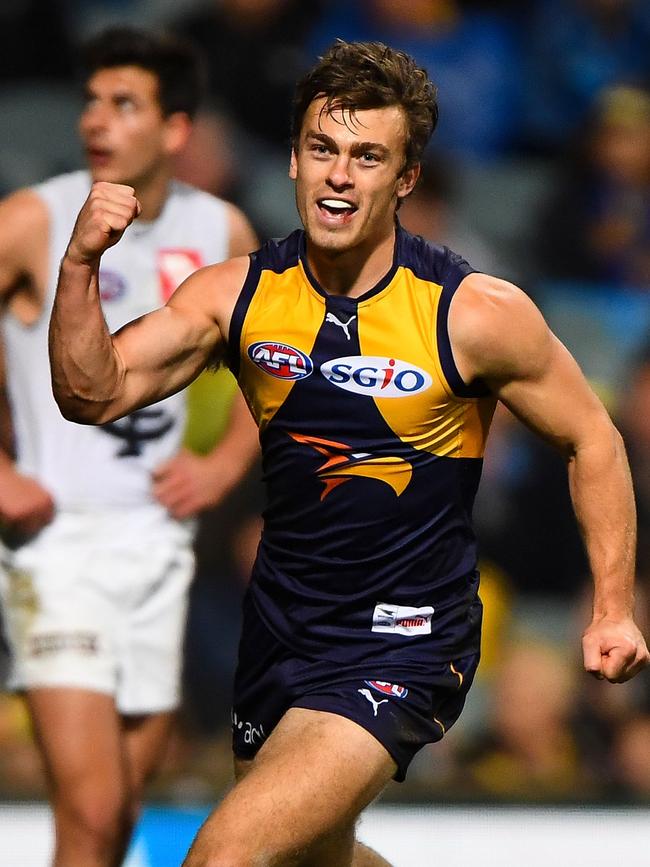 Luke Partington celebrates a goal for West Coast. Picture: Daniel Carson/AFL Media/Getty Images)