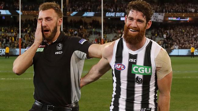 Lynden Dunn congratulates Tyson Goldsack after the win.