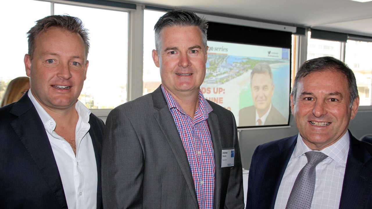 Andrew Stevens, centre, with Lachlan Grantley and Don O'Rorke of Consolidated Properties at the Urban Development Institute of Australia (Qld) breakfast at Maroochydore Surf Club last Friday. Picture: Erle Levey