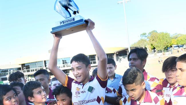 Year 7 schoolboy rugby league grand final between Forest Lake SHS and Palm Beach Currumbin. Forest Lake SHS with the winners trophy. Tuesday, August 20th, 2019. (AAP Image/Richard Waugh)