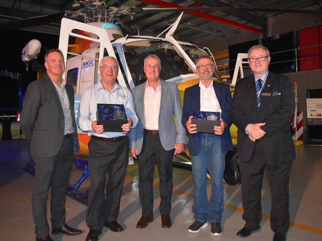 RACQ CQ Rescue board chairman Chris Wright, director Dr Peter Bastable, director and Mackay mayor Greg Williamson, director Dr Bert Sadleir and chief executive officer Ian Rowan at RACQ CQ Rescue's silver jubilee celebrations on Friday, April 9, 2021. Picture: Tara Miko