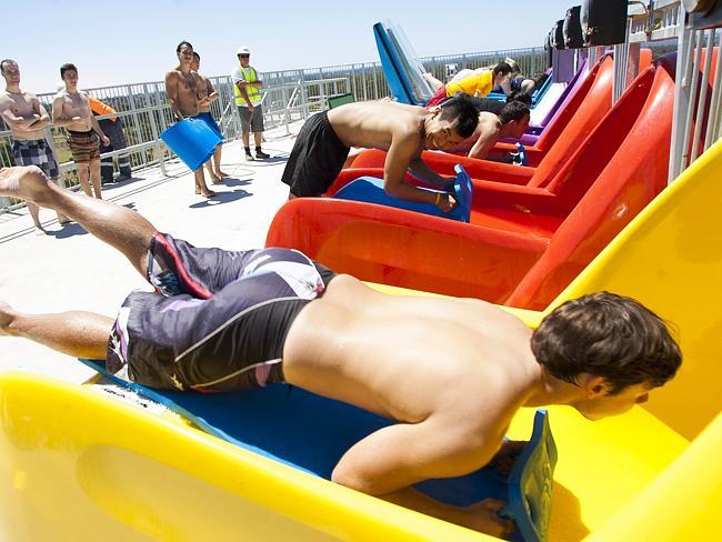 On their marks: splash test dummies get ready to ride.