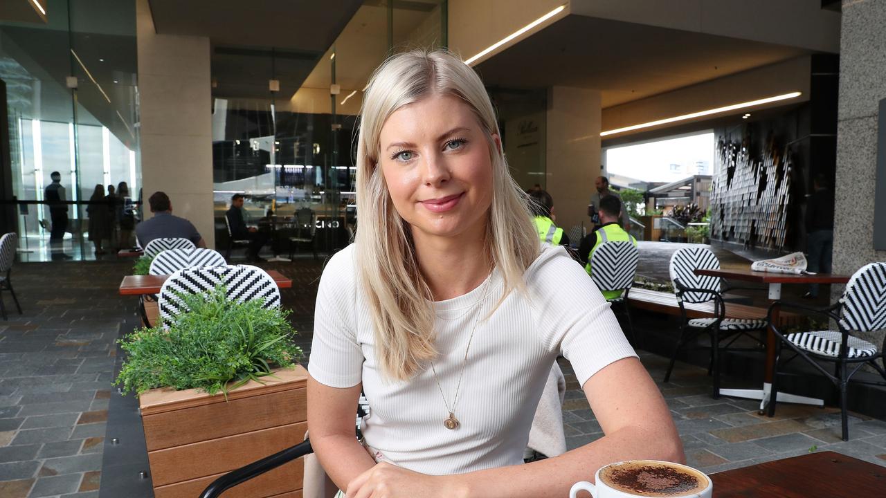 Emily Penfold enjoying a coffee at 175 Eagle St, one of the buildings joining the Fridays in the City push. Photographer: Liam Kidston.