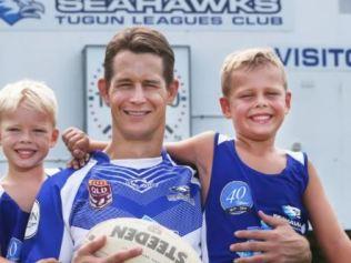 Former Gold Coast Titans veteran Ashley Harrison will play for the Tugun Seahawks in 2018, thanks to some persuasion by sons Will, 4 (left), and Ethan, 6 (right). Picture: Glenn Hampson