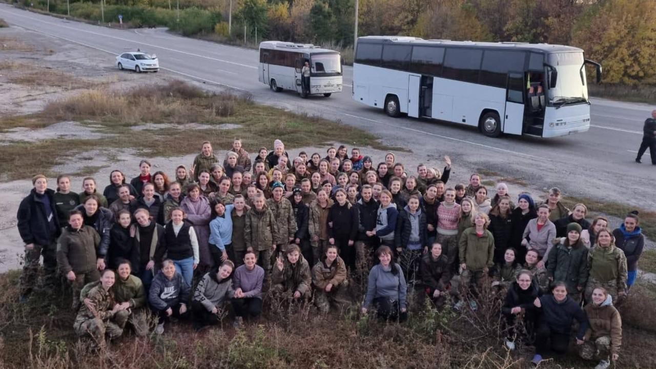 This handout picture taken ad released by Ukrainian presidential chief of staff, Andriy Yermak shows freed Ukrainian female prisoners posing for a picture after their exchange in an unknown location in Ukraine. Picture: AFP