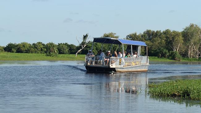 Yellow Water Cruise boat.  Yellow Water Billabong is located at the end of Jim Jim Creek, a tributary of the South Alligator River. It is the largest river system in Kakadu.