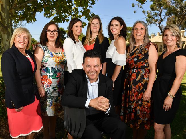 SA Best leader Nick Xenophon with his latest candidates: Carolyn Martin (seat of Enfield), Karen Hockley (Davenport), Tarnia George (Ramsay), Jassmine Wood (Colton), Kate Bickford (Badcoe), Helen Szuty (Playford) and Sonja Taylor (Taylor). AAP/ Keryn Stevens