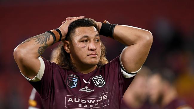 Josh Papalii playing for the maroons during State of Origin. Pic NRL Photos.