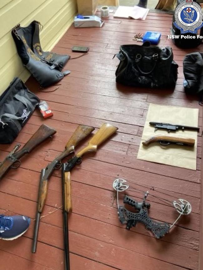 Guns and other items seized by police after raiding Life and Death bikie gang member Jeffrey Firkin's home at Weston as part of Operation Hawk on May 25, 2022. Picture: NSW Police.