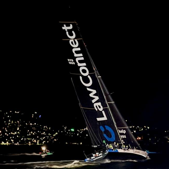 LawConnect arrives in Hobart to take line honours in the early hours of Saturday 28th December in the Rolex Sydney to Hobart 2024. Picture: Linda Higginson