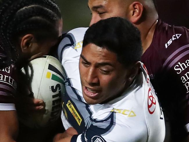 SYDNEY, AUSTRALIA - MAY 31:  Jason Taumalolo of the Cowboys is tackled during the round 13 NRL match between the Manly Sea Eagles and the North Queensland Cowboys at Lottoland on May 31, 2018 in Sydney, Australia.  (Photo by Matt King/Getty Images)