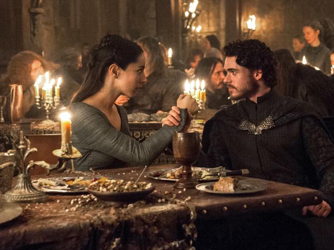 King of the North Robb Stark and his wife Talisa enjoy the hospitality of Walder Frey … shortly before being betrayed. Picture: HBO