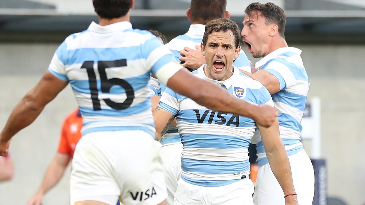 The Pumas celebrate during the 2020 Tri-Nations rugby match between the New Zealand All Blacks and the Argentina Los Pumas at Bankwest Stadium.