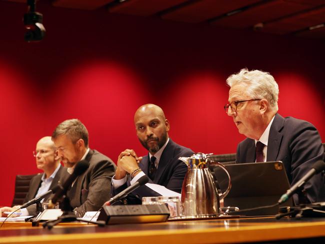 Western Sydney University Vice-Chancellor and President, Professor George Williams AO,UNSW Sydney Vice- Chancellor Professor Attila Brungs, CQUniversity Deputy Vice President, International Mr Shehan Thampapillai and The University of Sydney Vice Chancellor and President Professor Mark Scott AO at a public senate hearing for Overseas Students Amendment (Quality and Integrity) Bill 2024 (Provisions) on Education Services.Jane Dempster/The Australian.