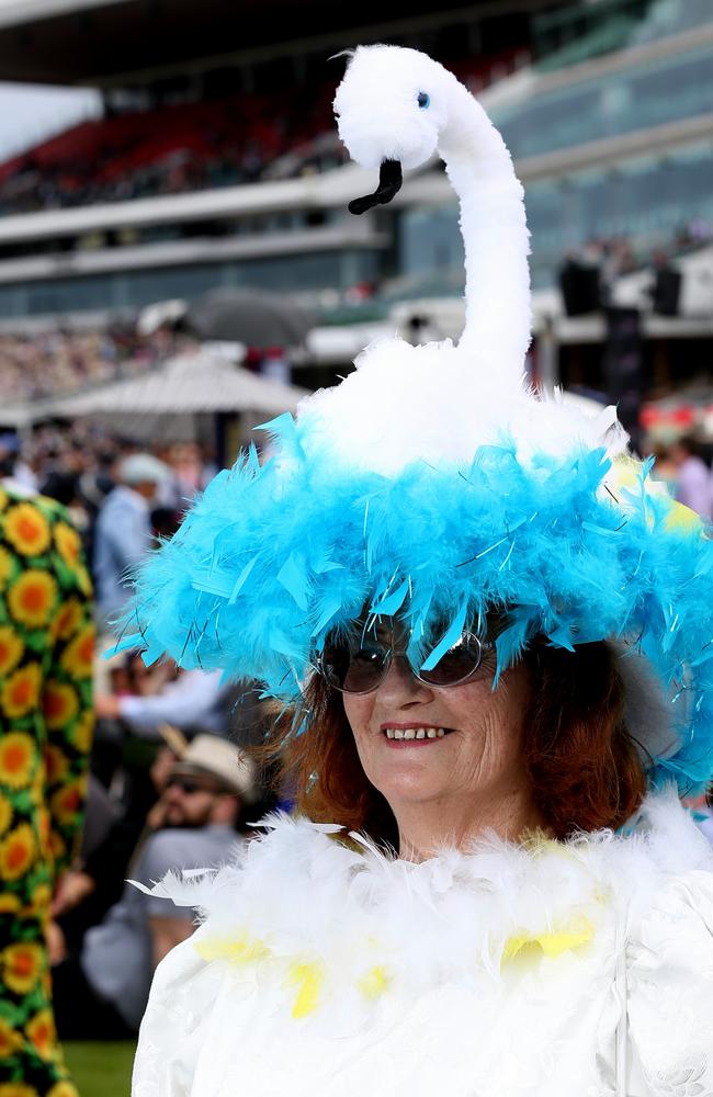 Annette Williams from Tasmania with her swan hat at the 2014 Melbourne Cup. Picture: Tim Carrafa