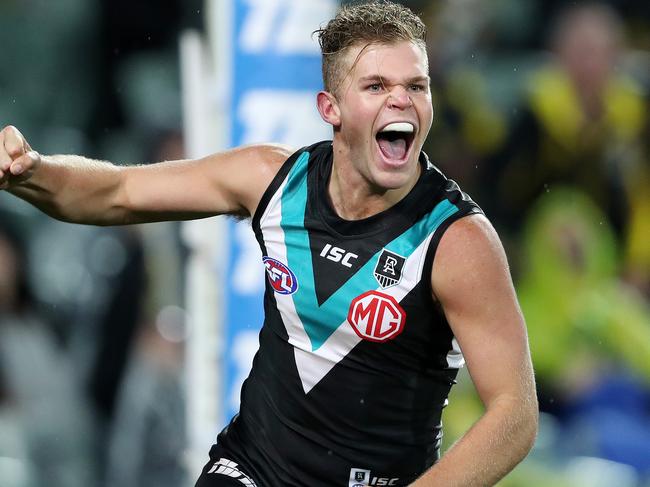 AFL - Saturday, 8th August, 2020 - Port Adelaide v Richmond at the Adelaide Oval. Port Adelaide's Dan Houston celebrates his goal Picture: Sarah Reed