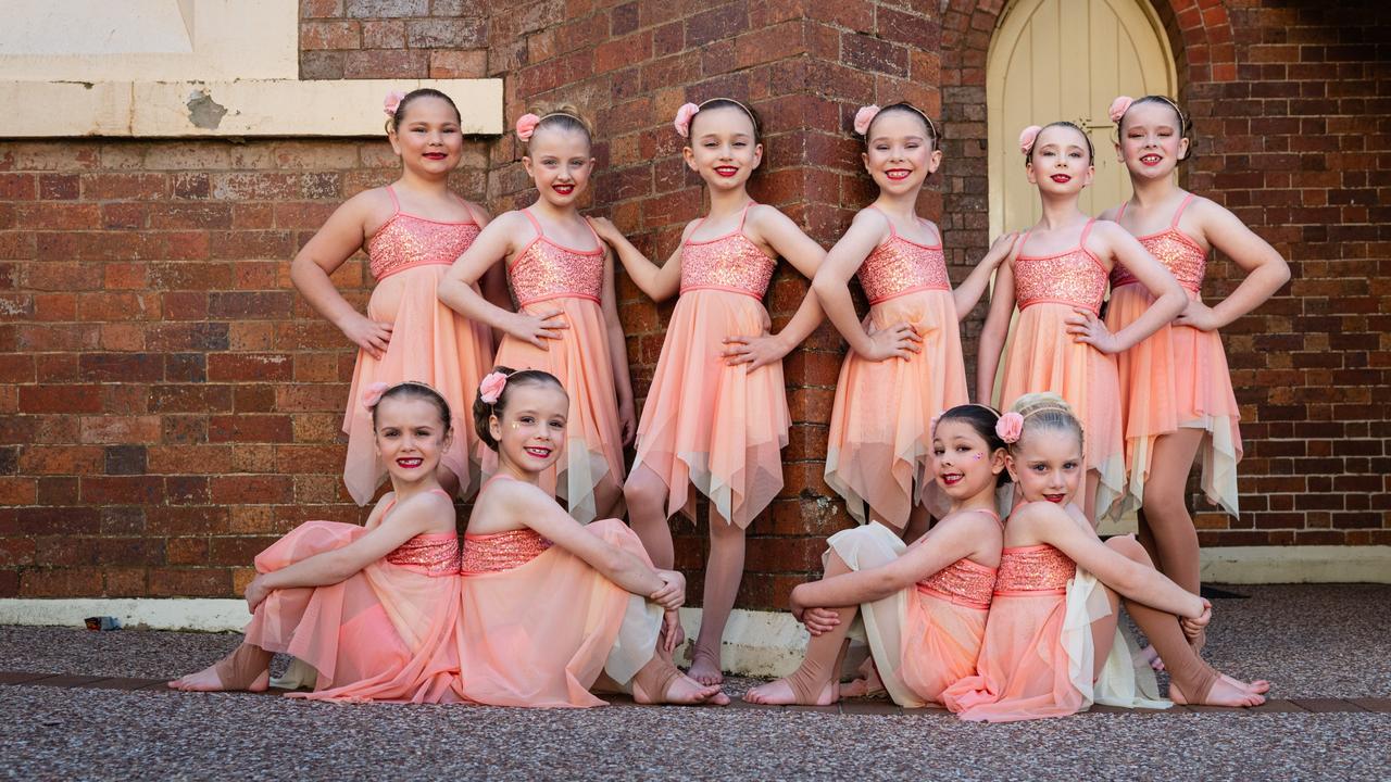 Dancers from Barrick Dance Centre, Victoria Point (front, from left) Harper St John, Eleanor Plaschke, Zoe Bagley and Frankie Templar and (back, from left) Malika Everest, Ava Glendinning, Adaline McKeon, Piper Johnstone, Elisa Field and Ruby Innes at the 78th City of Toowoomba Eisteddfod at The Empire, Friday, August 2, 2024. Picture: Kevin Farmer