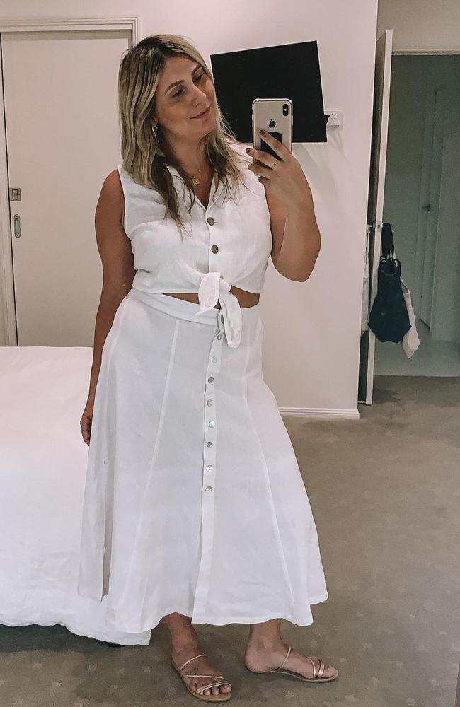Fashion blogger Amanda Shannon showing off her $20 Kmart linen skirt buy. Picture: Instagram/sheworeitwith