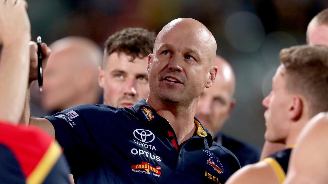 Matthew Nicks speaks with his players during the a match against Richmond last year. Photo: James Elsby/AFL Photos