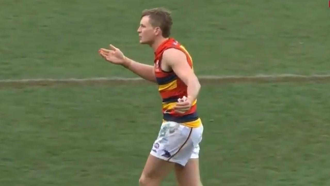 Jordan Dawson speaks to the umpire after the final siren on Sunday. Picture: Fox Footy