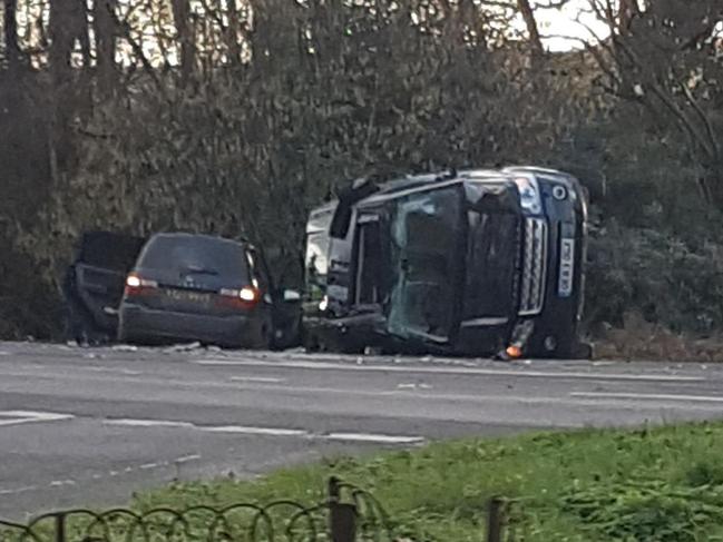 The Prince's Land Rover was pictured on its side after the crash. Picture: Mega