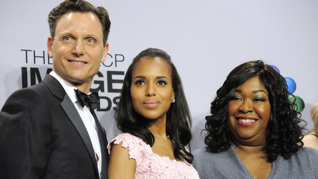 FILE - This Feb. 1, 2013 file photo shows, from left, actors Tony Goldwyn, and Kerry Washington from the ABC series "Scandal," with series creator Shonda Rhimes at the 44th Annual NAACP Image Awards in Los Angeles. The series is one of three by Shonda Rhimes that will air on Thursdays. (Photo by Chris Pizzello/Invision/AP, FIle)