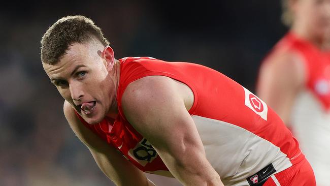 ADELAIDE, AUSTRALIA - AUG 03: Chad Warner of the Swans reacts during the 2024 AFL Round 21 match between the Port Adelaide Power and the Sydney Swans at Adelaide Oval on August 03, 2024 in Adelaide, Australia. (Photo by Sarah Reed/AFL Photos via Getty Images)