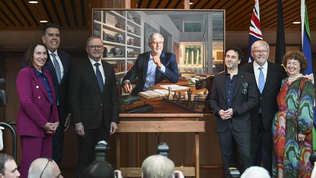 Senate President Sue Lines, Speaker Milton Dick, Prime Minister Anthony Albanese joined Ralph Heimans, Kevin Rudd and Therese Rein at the unveiling of Dr Rudd’s official prime ministerial portrait last year. Photo: Martin Ollman