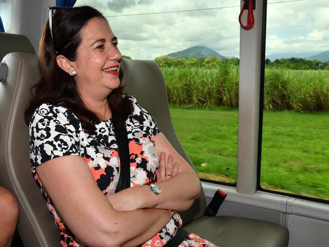 Queensland Premier Annastacia Palaszczuk is seen on the media bus during the Queensland Election campaign in Cairns, Wednesday, November 1, 2017. Premier Palaszczuk announced that her government will give Cairns State High School $11 million of funding for school infrastructure. (AAP Image/Darren England) NO ARCHIVING