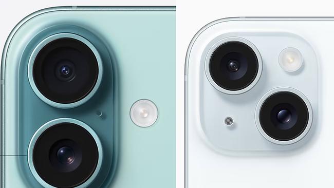 Apple changed the design of the iPhone 16’s camera lenses, left, from the previous diagonal layout in the iPhone 15. Photo: Apple