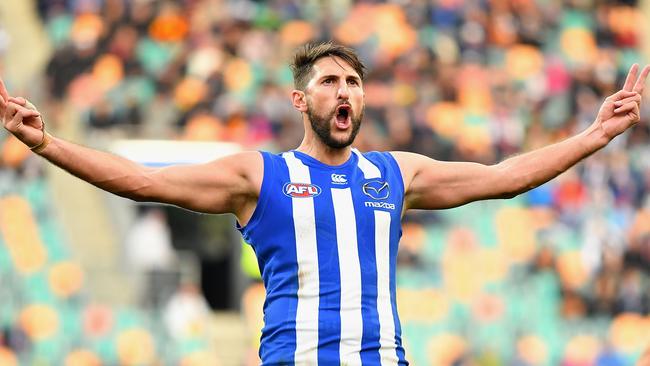 Jarrad Waite celebrates a goal for North Melbourne. Picture: Getty Images