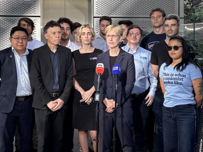 ACTU secretary Sally McManus speaking to reporters ahead of the RBA's decision on interest rates. Picture: Holly Truelove/NewsWire