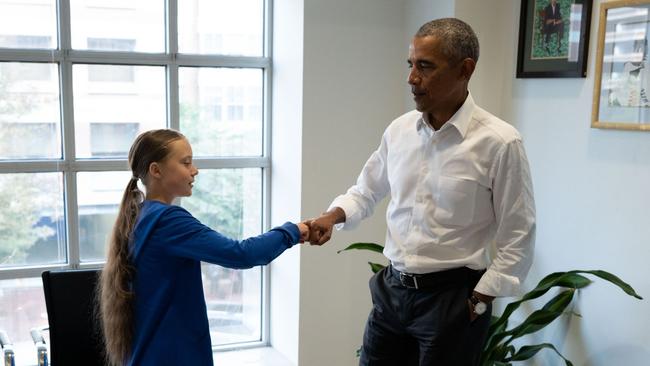 Former US president Barack Obama meets Swedish environmental activist Greta Thunberg in Washington DC. Picture: AFP Photo / The Obama Foundation