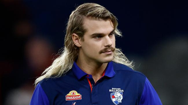 MELBOURNE, AUSTRALIA - APRIL 12: Bailey Smith of the Bulldogs gicves the thumbs up during the 2024 AFL Round 05 match between the Western Bulldogs and the Essendon Bombers at Marvel Stadium on April 12, 2024 in Melbourne, Australia. (Photo by Michael Willson/AFL Photos via Getty Images)