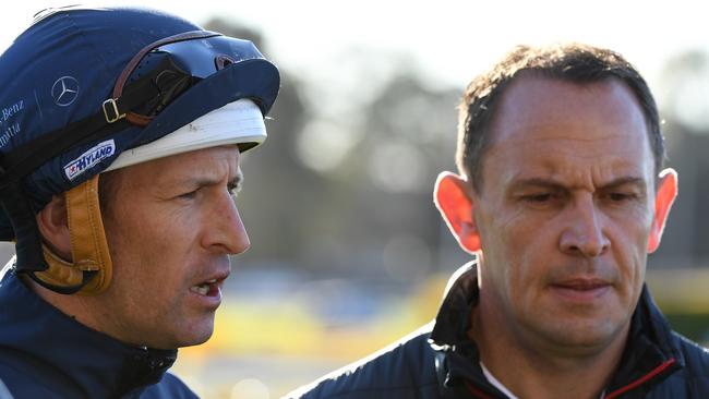 Jockey Hugh Bowman (left) and trainer Chris Waller combine with the unbeaten Niffler at Warwick Farm on Wednesday. Picture: AAP Image