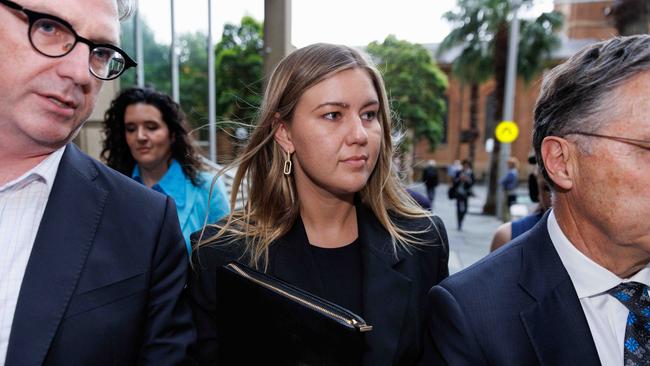 Brittany Higgins became tearful during a clash with Bruce Lehrmann’s barrister leaves the Federal Court today after giving evidence. Picture: NCA NewsWire / David Swift