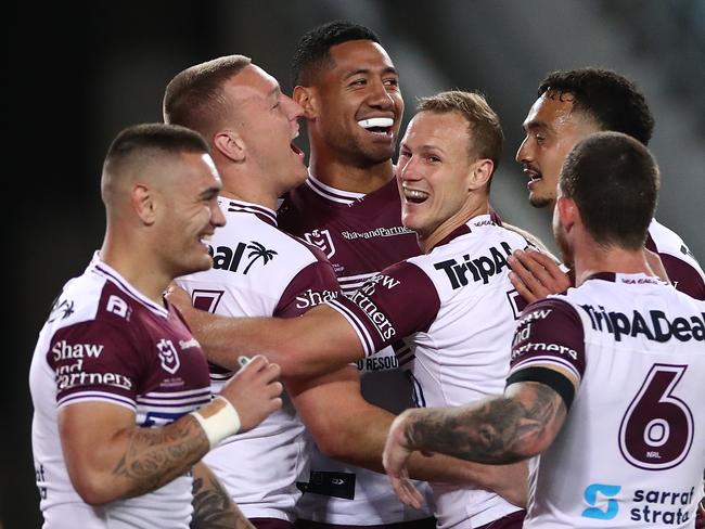 Taniela Paseka of the Sea Eagles celebrates after scoring a try courtesy of a Cherry-Evans pass. Picture: Cameron Spencer/Getty Images